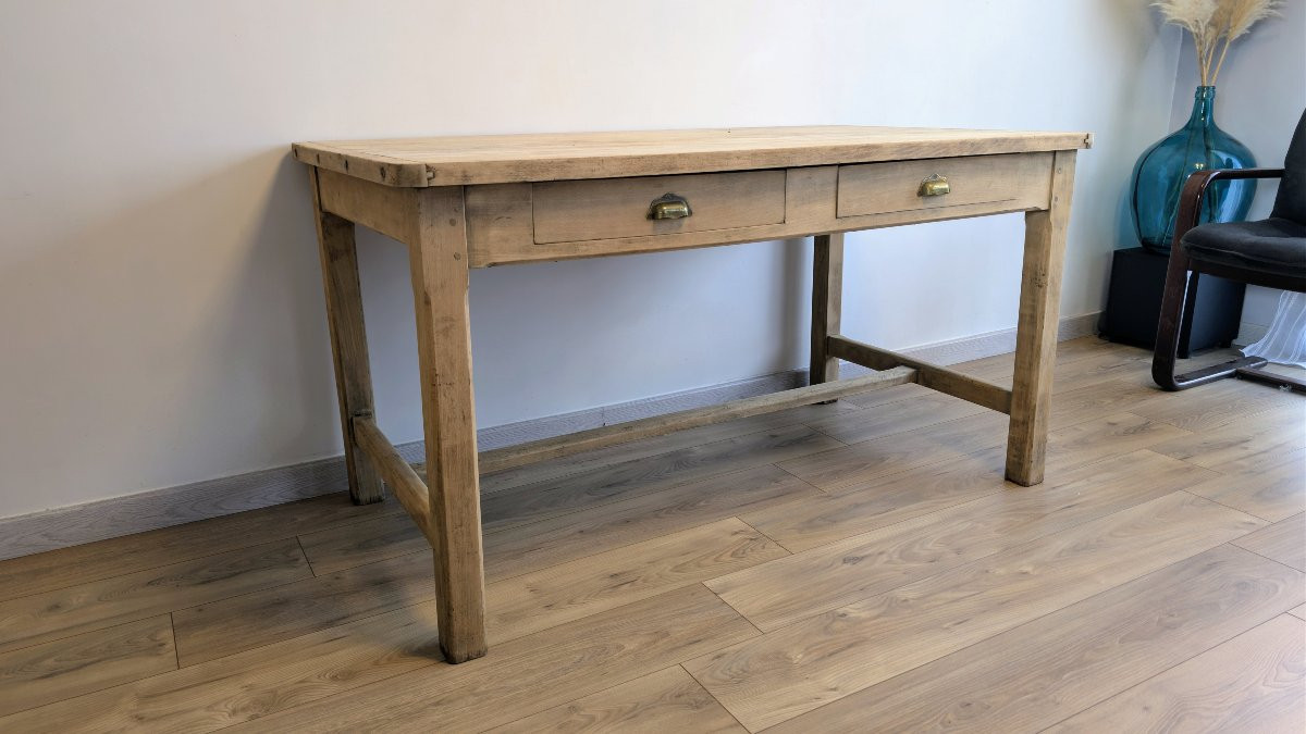 Table de ferme rustique en merisier massif à deux tiroirs - 140 x 80 cm-photo-2