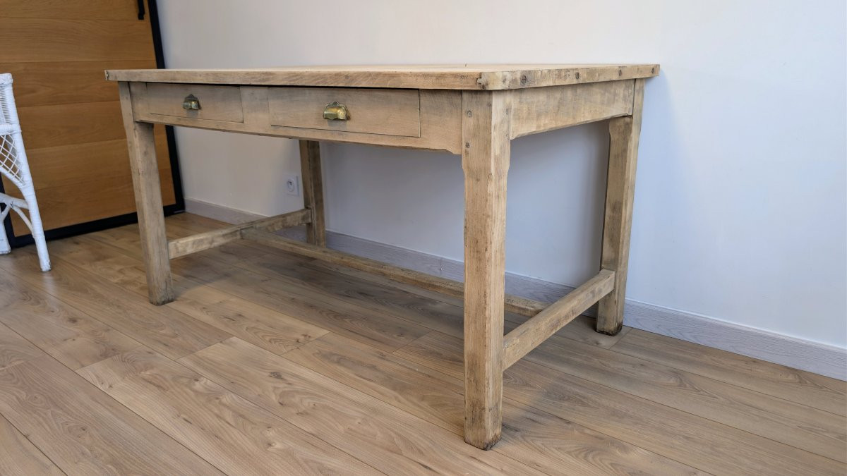 Table de ferme rustique en merisier massif à deux tiroirs - 140 x 80 cm-photo-3