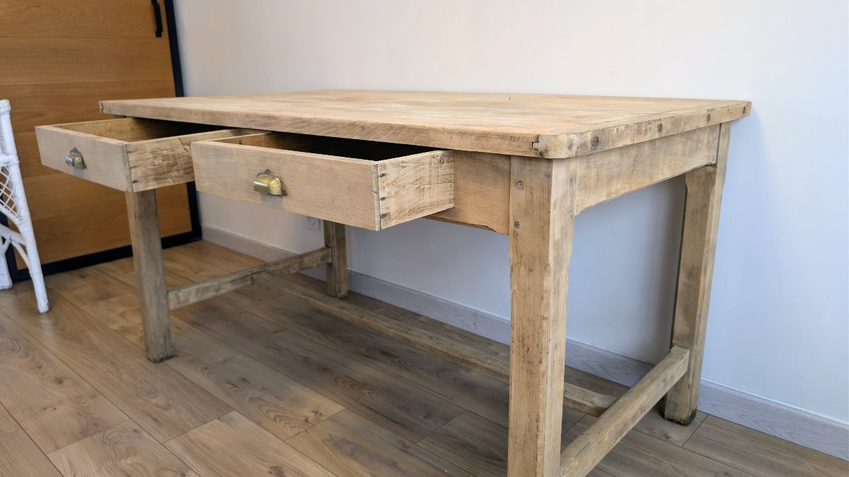 Table de ferme rustique en merisier massif à deux tiroirs - 140 x 80 cm-photo-1