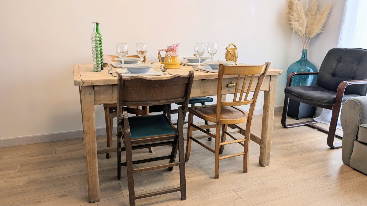 Table de ferme rustique en merisier massif à deux tiroirs - 140 x 80 cm-photo-5
