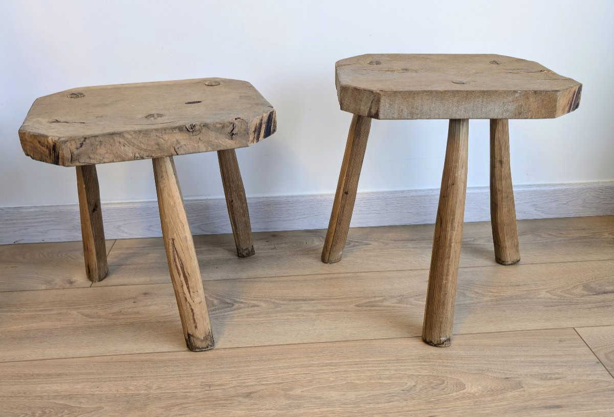Pair Of Brutalist Stools, Tripod, Solid Wood, Early 20th Century-photo-2