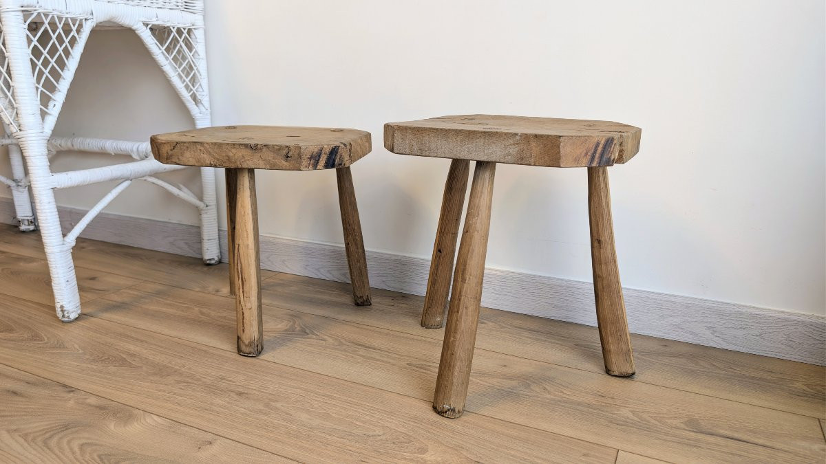 Pair Of Brutalist Stools, Tripod, Solid Wood, Early 20th Century-photo-3