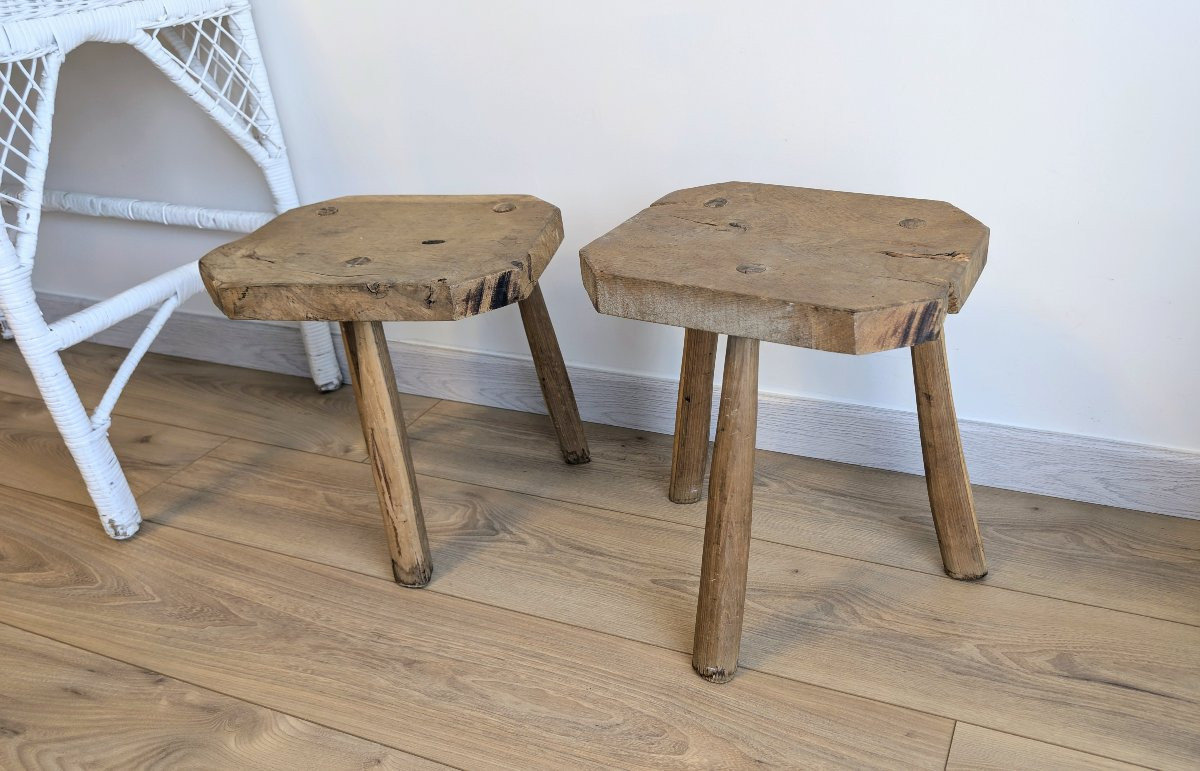 Pair Of Brutalist Stools, Tripod, Solid Wood, Early 20th Century-photo-4