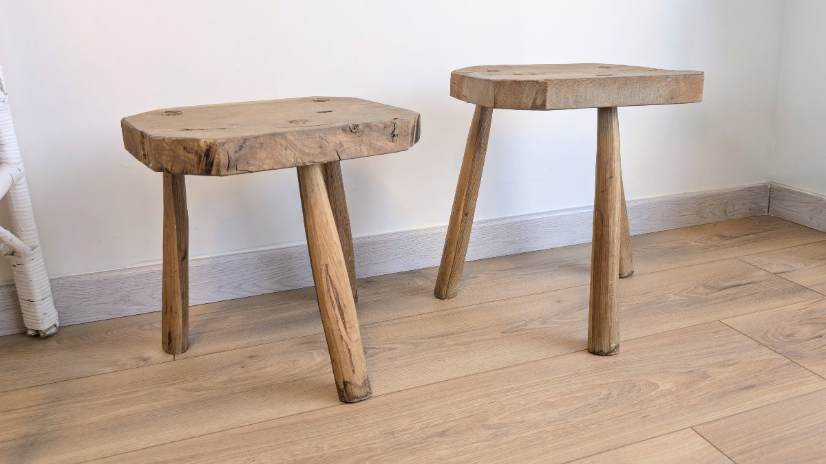 Pair Of Brutalist Stools, Tripod, Solid Wood, Early 20th Century-photo-1