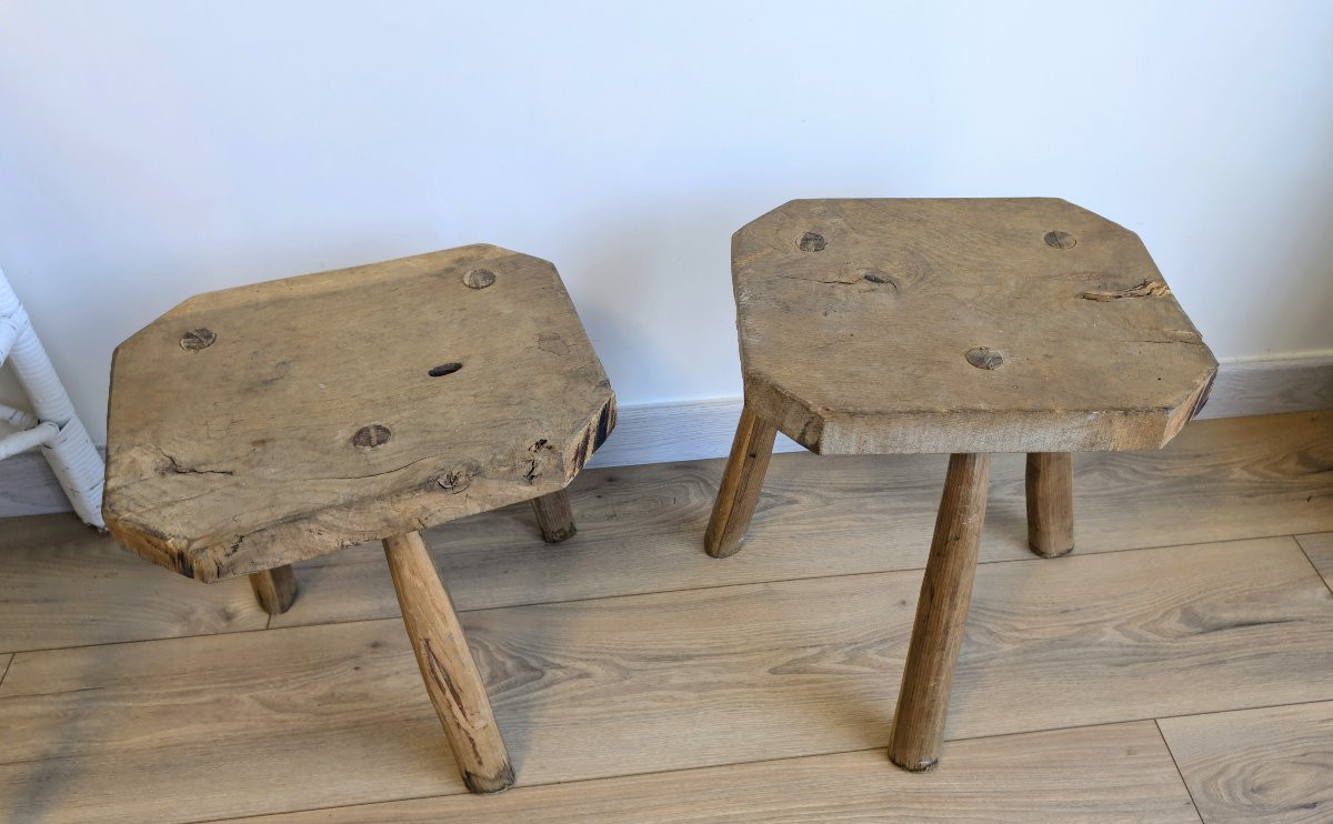 Pair Of Brutalist Stools, Tripod, Solid Wood, Early 20th Century-photo-2