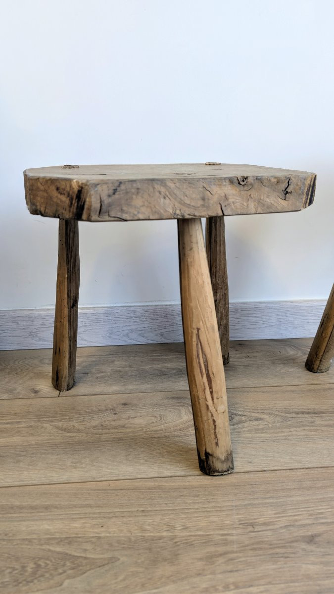 Pair Of Brutalist Stools, Tripod, Solid Wood, Early 20th Century-photo-4