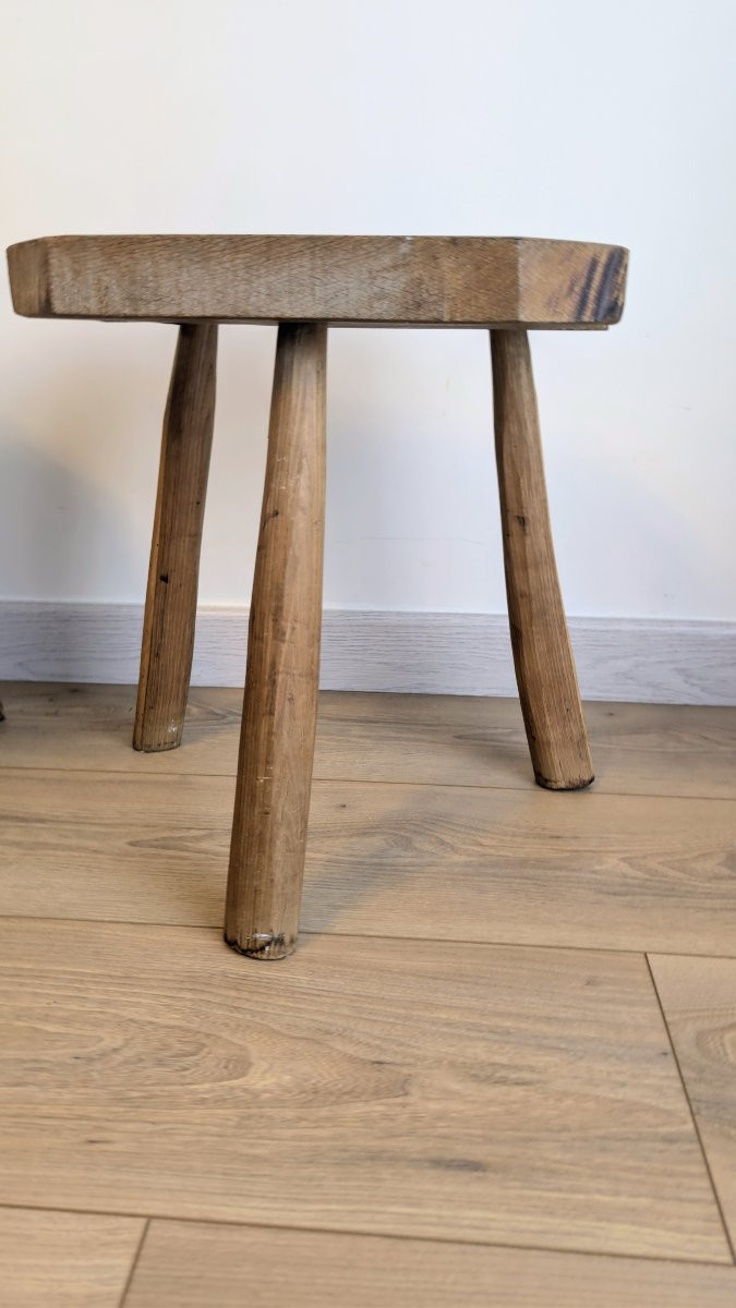 Pair Of Brutalist Stools, Tripod, Solid Wood, Early 20th Century-photo-5