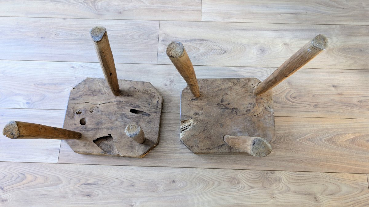 Pair Of Brutalist Stools, Tripod, Solid Wood, Early 20th Century-photo-7