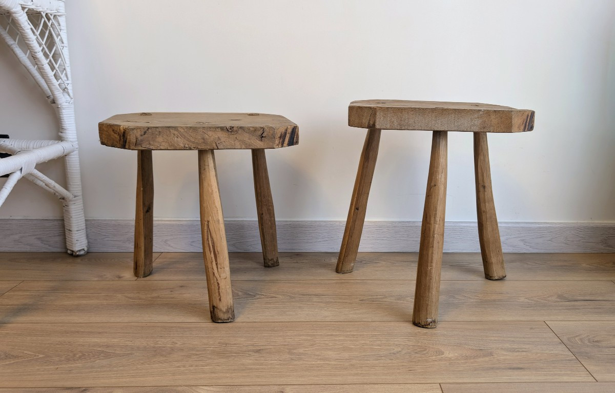 Pair Of Brutalist Stools, Tripod, Solid Wood, Early 20th Century