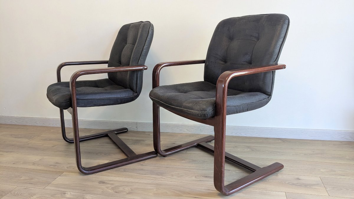 Paire de fauteuils cantilever modernistes en placage de palissandre – XXe siècle-photo-2