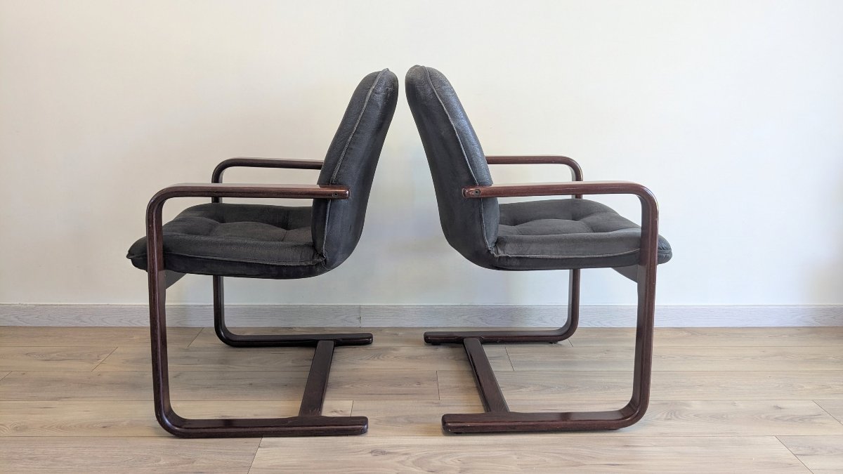 Paire de fauteuils cantilever modernistes en placage de palissandre – XXe siècle-photo-3