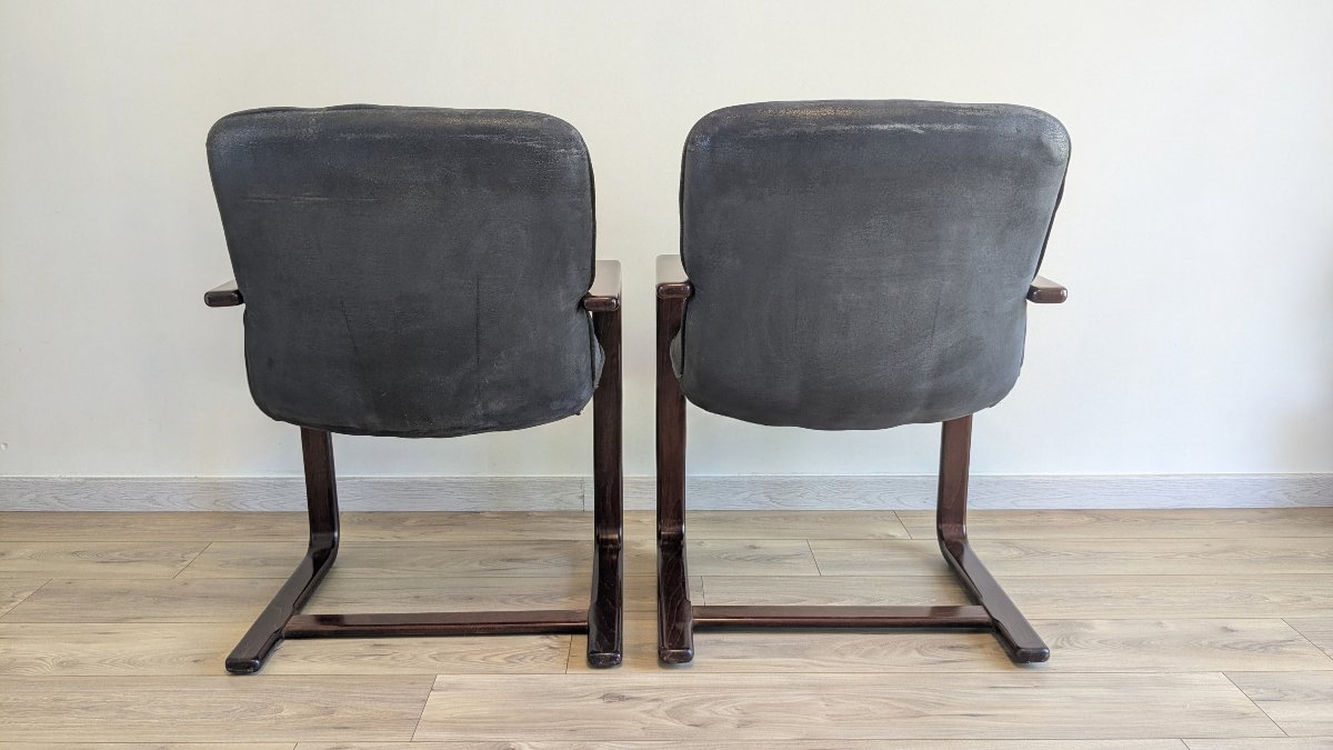 Paire de fauteuils cantilever modernistes en placage de palissandre – XXe siècle-photo-4