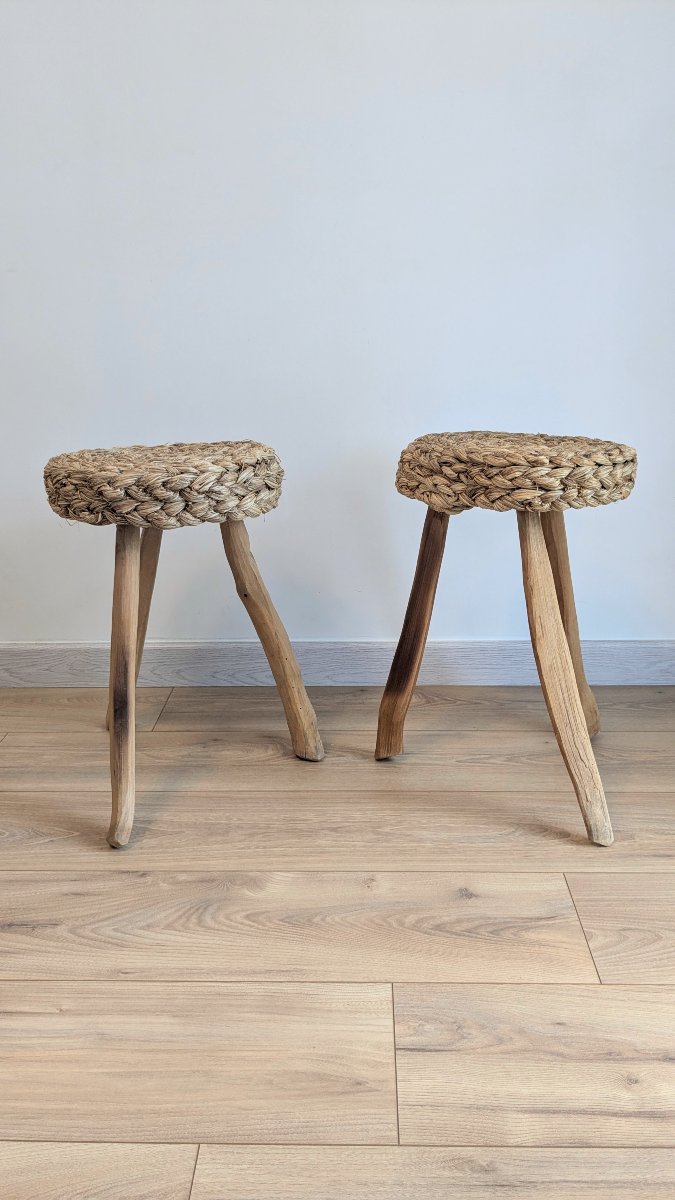 Pair Of Tripod Stools Made Of Wood And Woven Fibers, Attributed To Audoux & Minet-photo-2