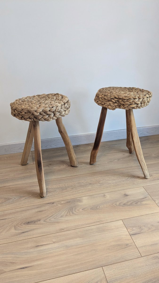 Pair Of Tripod Stools Made Of Wood And Woven Fibers, Attributed To Audoux & Minet-photo-3