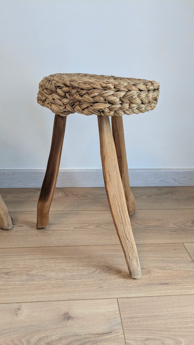 Pair Of Tripod Stools Made Of Wood And Woven Fibers, Attributed To Audoux & Minet-photo-1