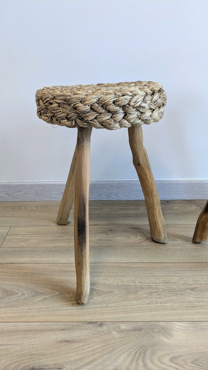 Pair Of Tripod Stools Made Of Wood And Woven Fibers, Attributed To Audoux & Minet-photo-2