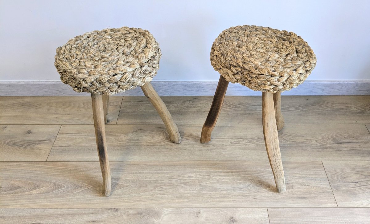Pair Of Tripod Stools Made Of Wood And Woven Fibers, Attributed To Audoux & Minet-photo-3