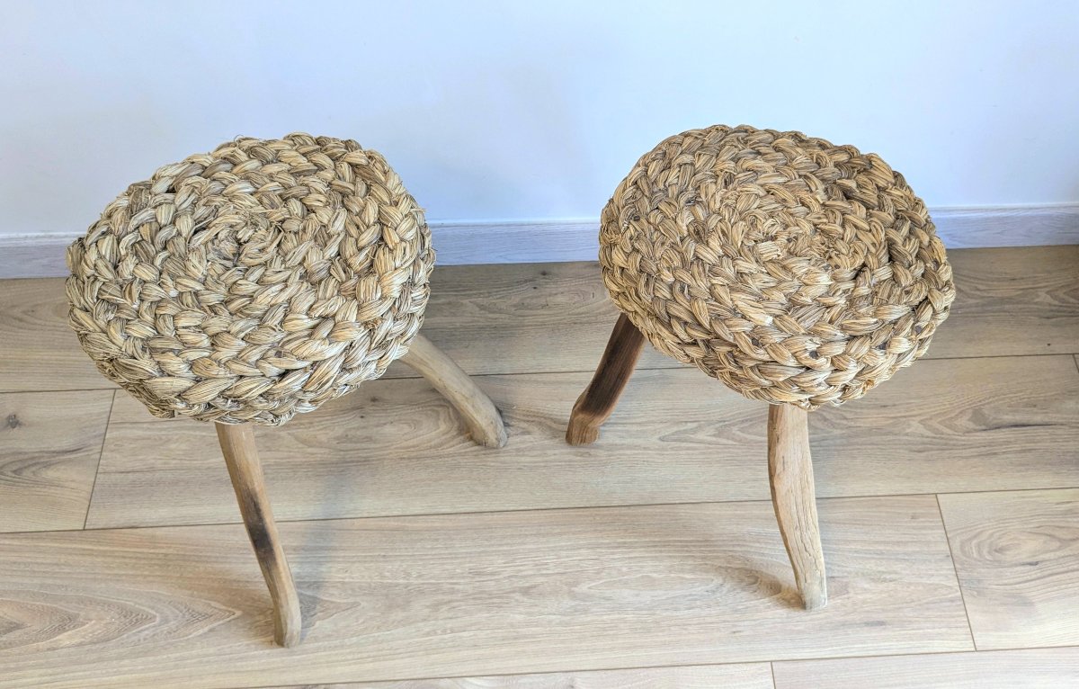 Pair Of Tripod Stools Made Of Wood And Woven Fibers, Attributed To Audoux & Minet-photo-4