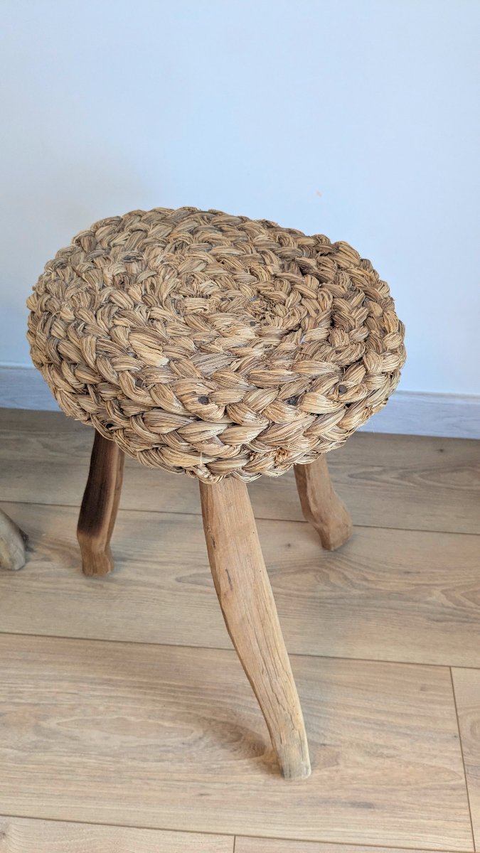 Pair Of Tripod Stools Made Of Wood And Woven Fibers, Attributed To Audoux & Minet-photo-6