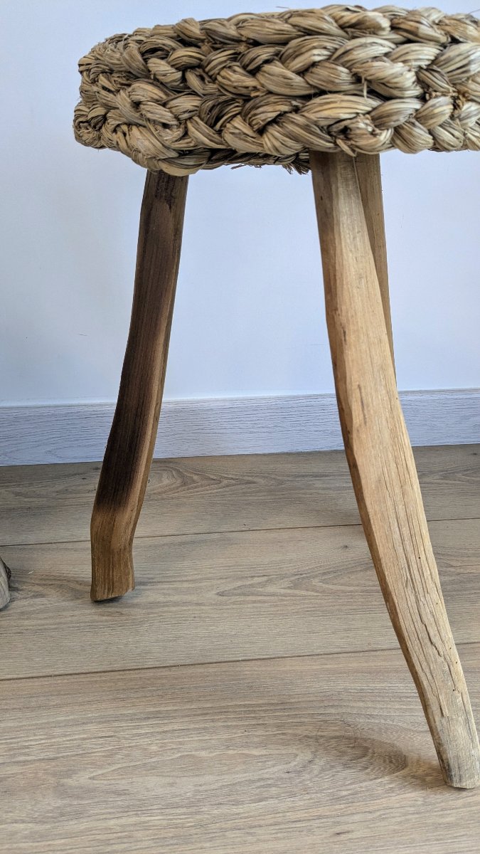 Pair Of Tripod Stools Made Of Wood And Woven Fibers, Attributed To Audoux & Minet-photo-7