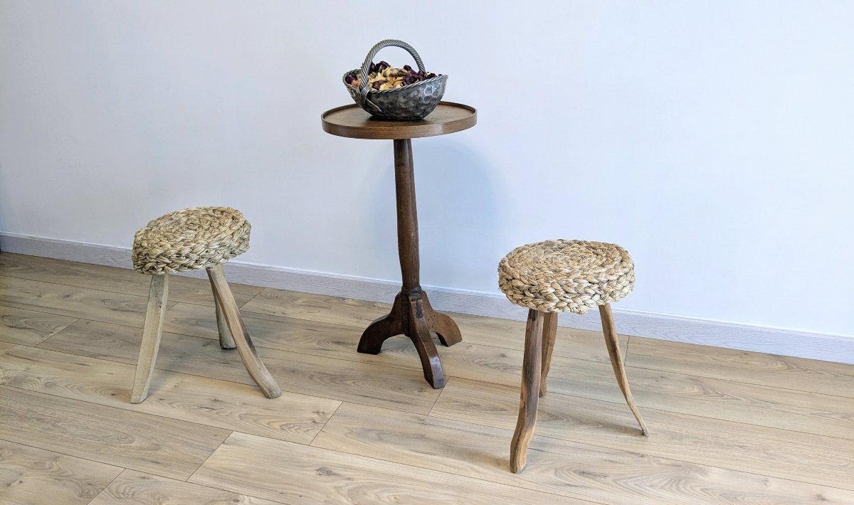 Pair Of Tripod Stools Made Of Wood And Woven Fibers, Attributed To Audoux & Minet-photo-8