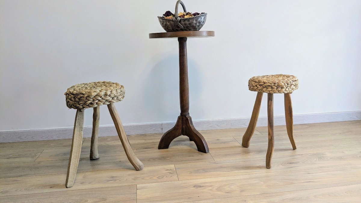 Pair Of Tripod Stools Made Of Wood And Woven Fibers, Attributed To Audoux & Minet