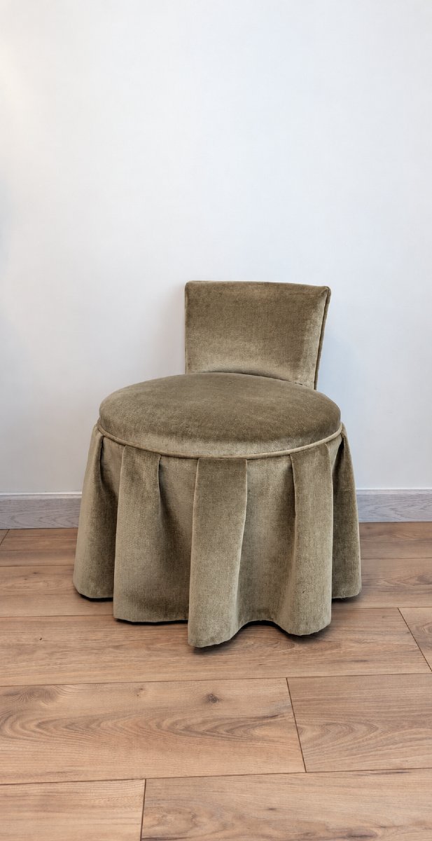 Vintage Boudoir Or Dressing Table Chair, Olive-green Velvet, Mid-20th Century-photo-3