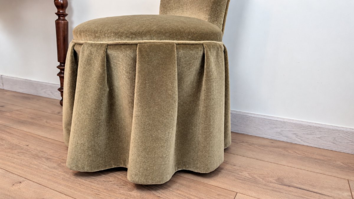 Vintage Boudoir Or Dressing Table Chair, Olive-green Velvet, Mid-20th Century-photo-4