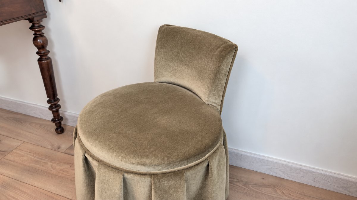 Vintage Boudoir Or Dressing Table Chair, Olive-green Velvet, Mid-20th Century-photo-5