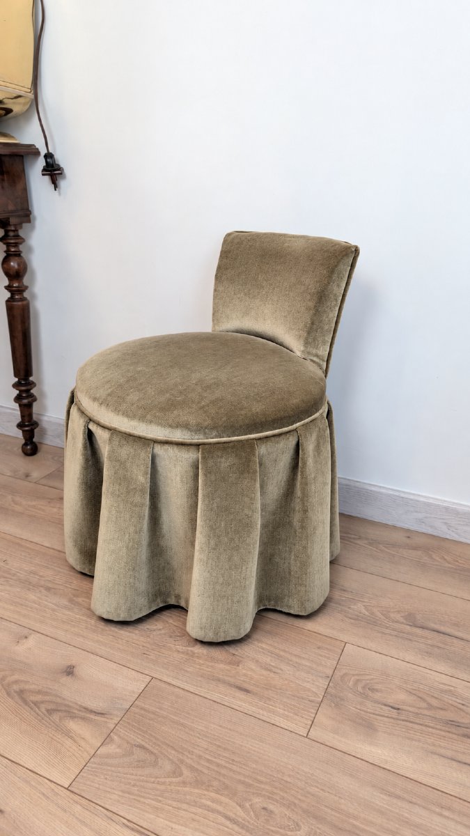 Vintage Boudoir Or Dressing Table Chair, Olive-green Velvet, Mid-20th Century