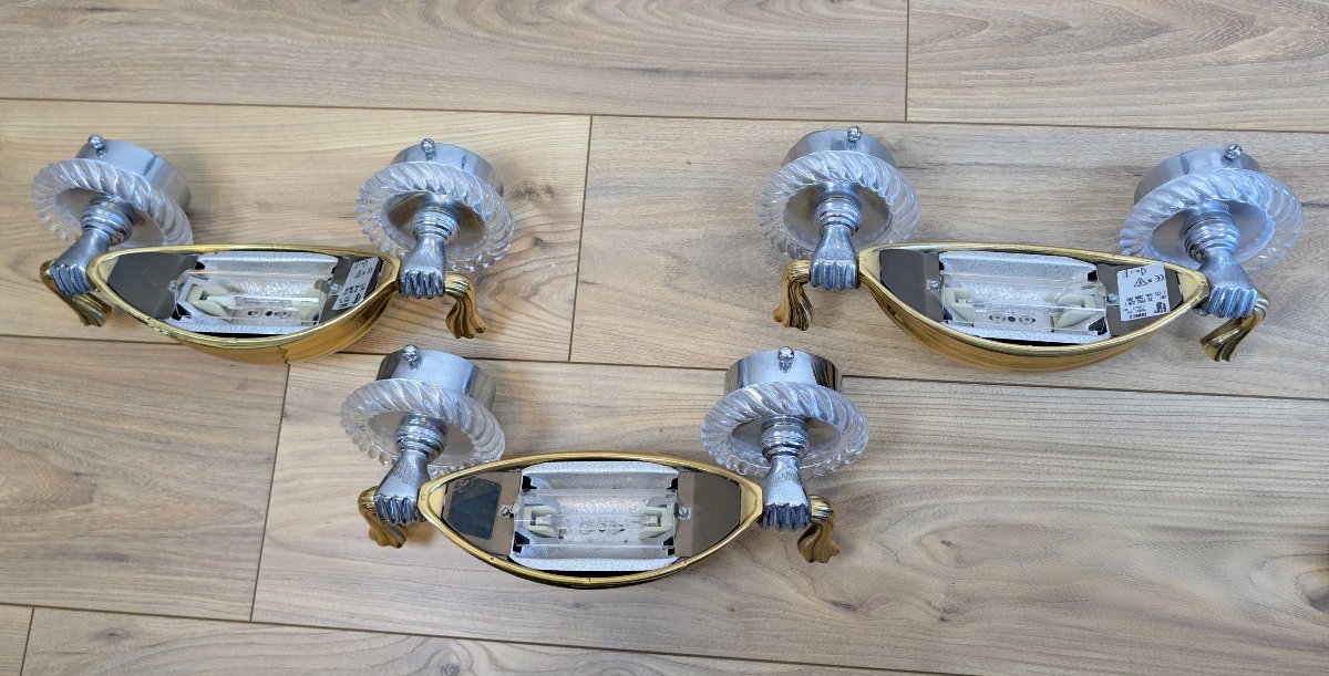 Banci Firenze – Set Of Three Brass And Crystal Wall Sconces – Studio Banci, 1980s-photo-7
