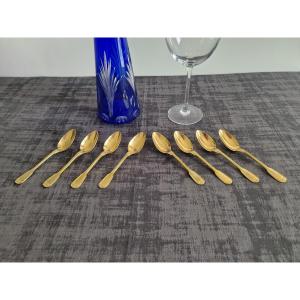 Set Of 8 Golden Dessert Spoons By Christofle, Filet Model