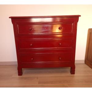 Red Commode In Exotic Wood Circa 1960