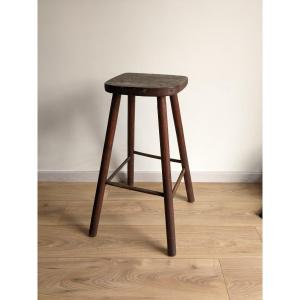 Old High Brutalist Farm Stool In Solid Wood