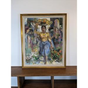 Oil On Panel "flower Merchant" By Jean Gilis (1897-1990)