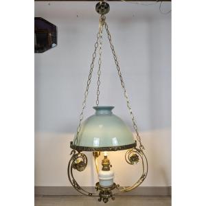 Large Chandelier In Brass And Green Opaline