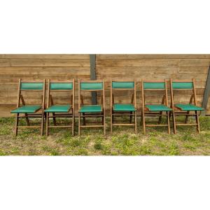 Ensemble de 6 chaises pliantes Shanghai, bois et vinyle vert, XXe siècle