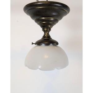 Art Deco Period Ceiling Light In Patinated Brass And Opaline Glass