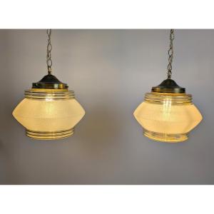 Paire de suspensions Art déco françaises – Abat-jour d’époque années 1930