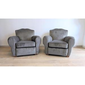 Paire de fauteuils club moustache, velours gris, travail français années 30