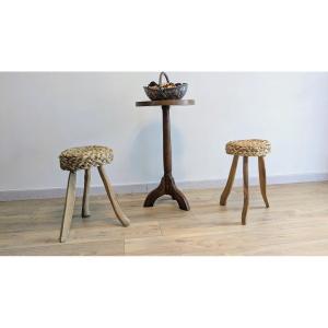 Paire de tabourets tripodes bois et corde attribués à Audoux & Minet