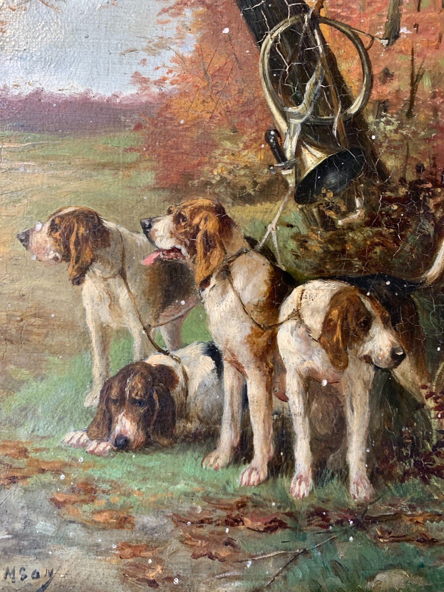 E. M Sanson Ensemble De Trois Tableaux Représentant Des Chiens De Chasse, Huile Sur Panneau-photo-3
