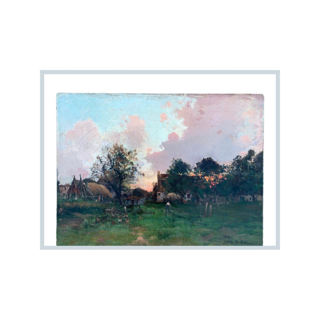 J. M. G Anglade Fin XIXè. Cour de ferme Huile Sur Toile