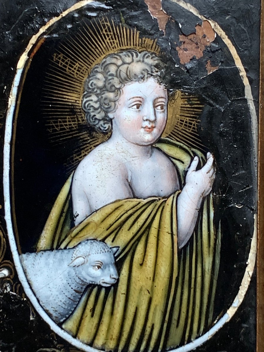 Rectangular Plaque In Polychrome Painted Enamel. St John The Baptist And The Lamb XVII-photo-4