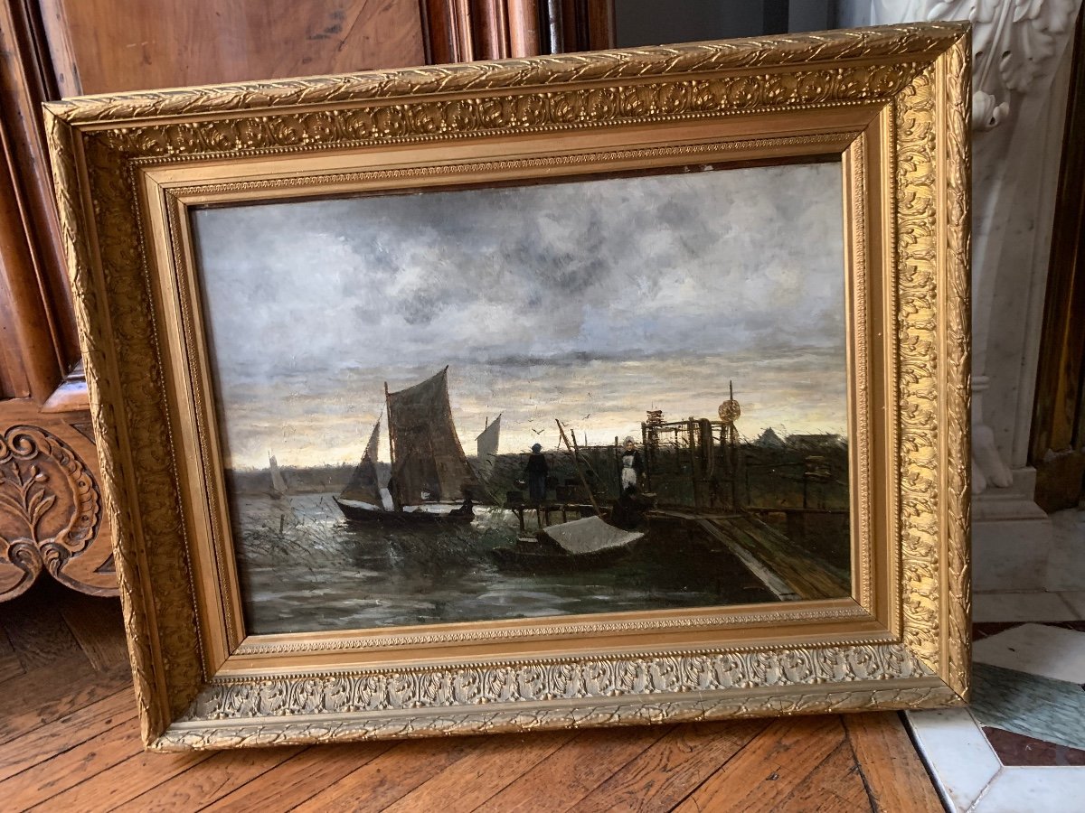 Ecole Du XIXème. Retour de pêche .Huile sur toile. Ecole du Nord-photo-1