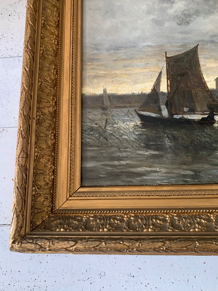 Ecole Du XIXème. Retour de pêche .Huile sur toile. Ecole du Nord-photo-2