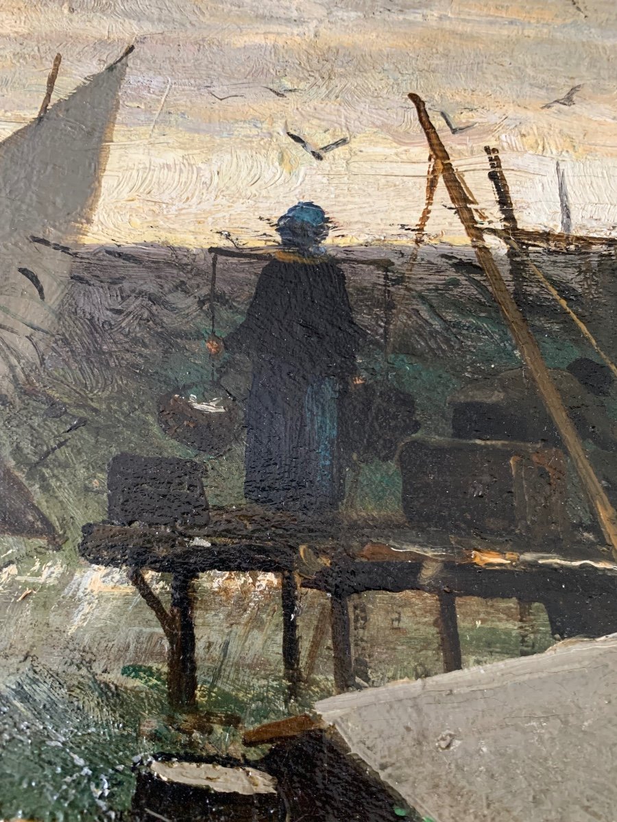 Ecole Du XIXème. Retour de pêche .Huile sur toile. Ecole du Nord-photo-3