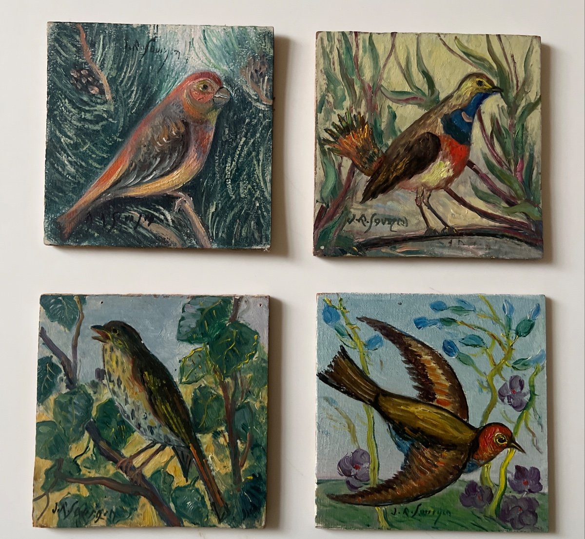 Jean René Sourgen.les Oiseaux,série De 4 Hsb 12 X12cm-photo-3