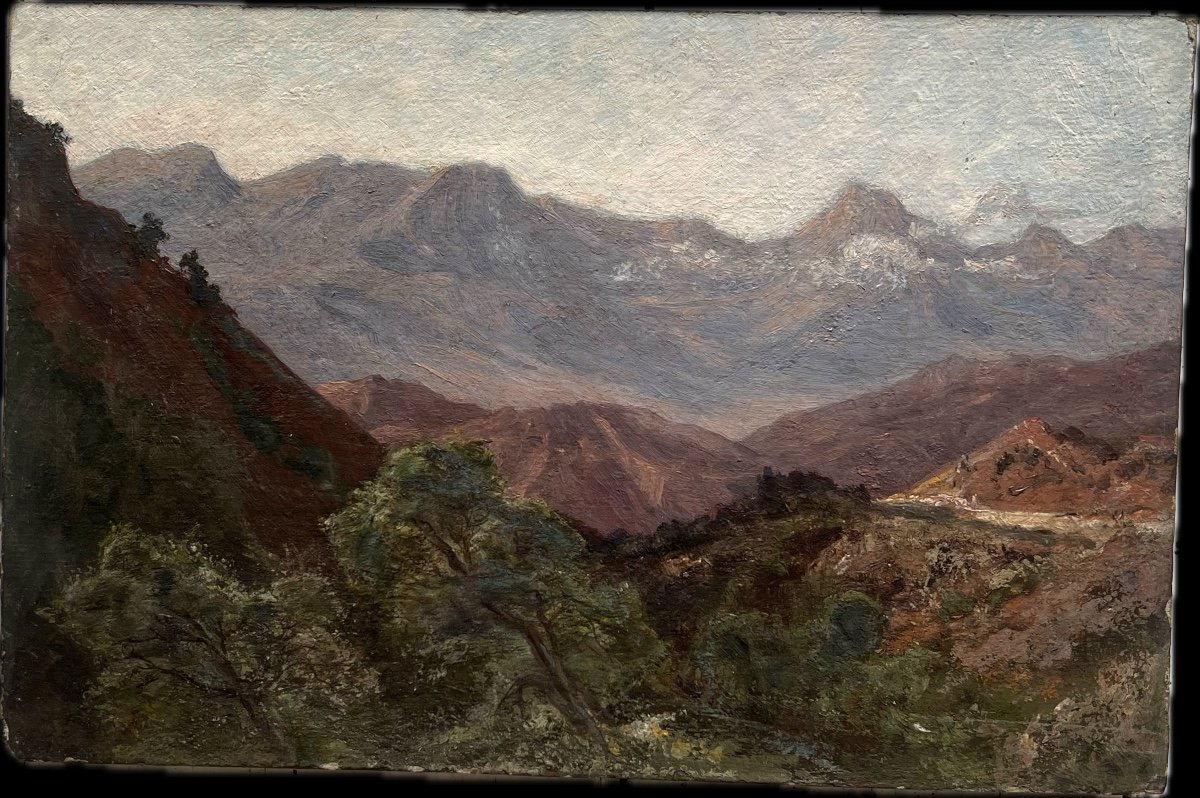 Vue De Montagne. Alexandre Ségé (1818-1885) Peinture Huile/carton 26 X 40 Cm