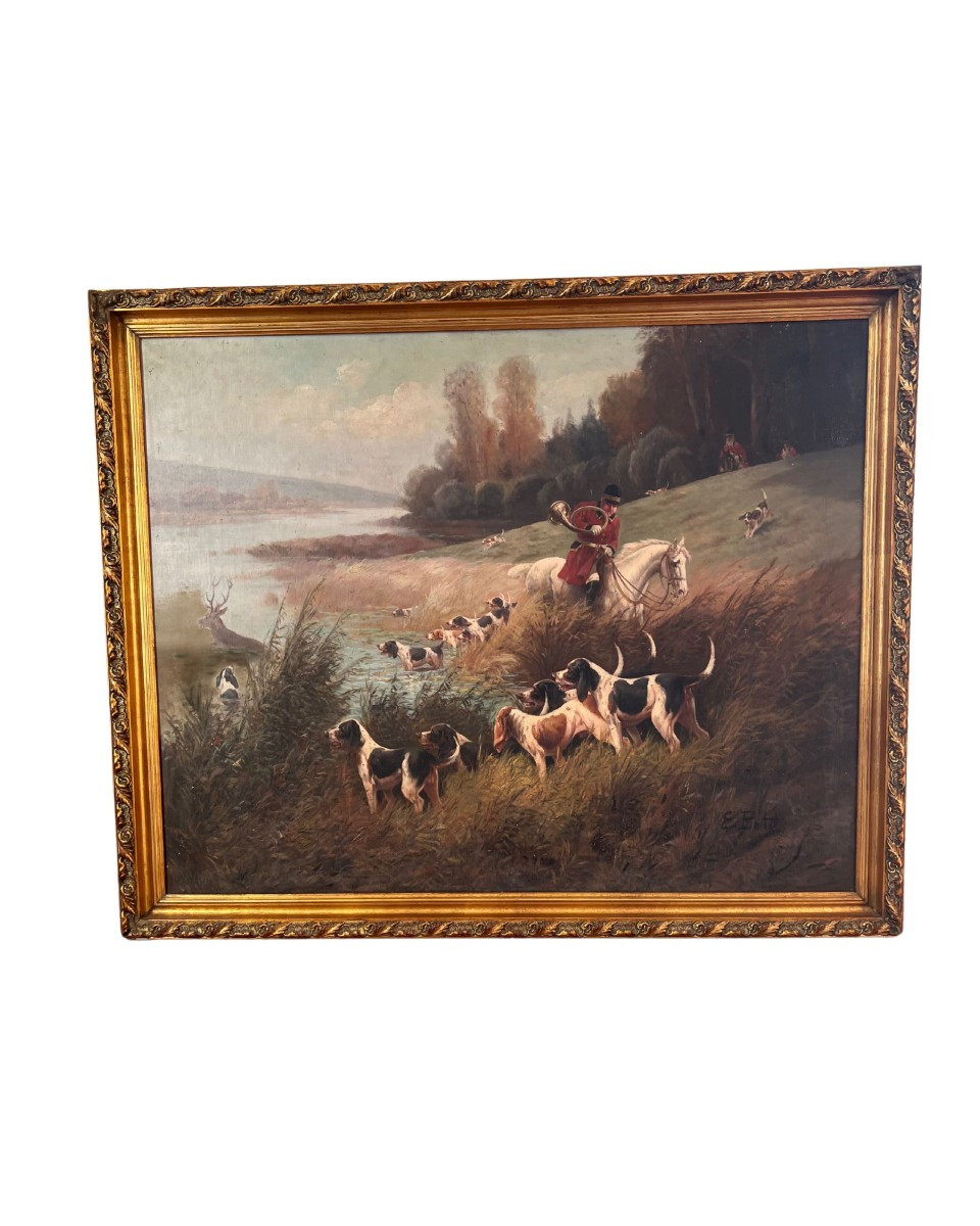 Eugène Petit. Hunting Scene. Large Oil On Canvas, 19th Century